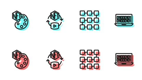 Set line NFT blockchain technology, Digital crypto art, and Binary code icon Stock Illustration
