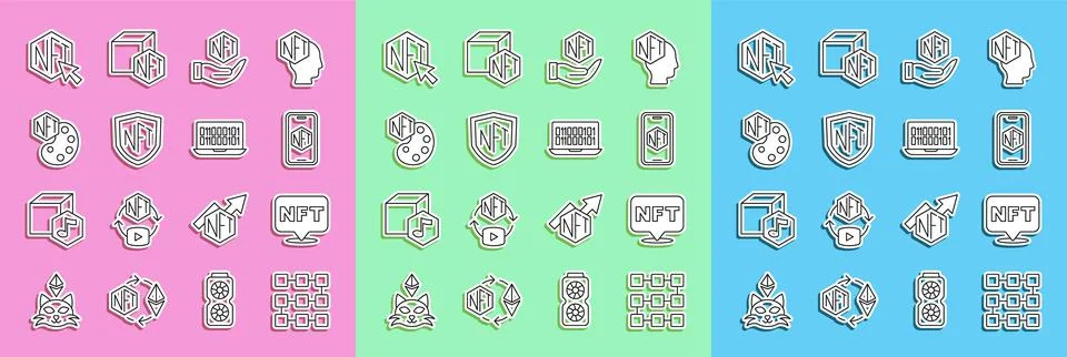 Set line NFT blockchain technology, Digital crypto art, Mobile with store app Illustrazione stock