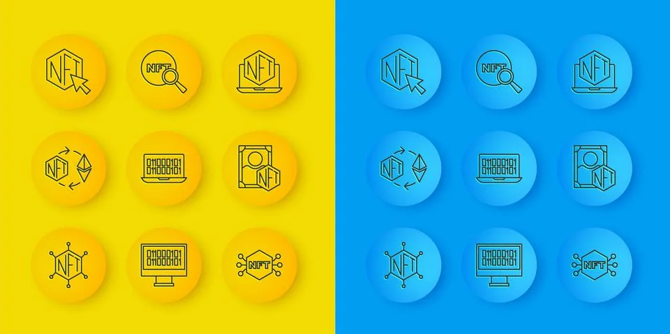 Set line NFT blockchain technology, Ethereum exchange, Binary code, Digital Stock Illustration