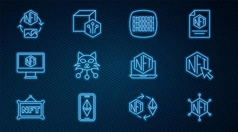 Set line NFT blockchain technology, Digital crypto art, Binary code, Monitor Illustrazione stock