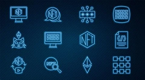 Set line NFT blockchain technology, Binary code, Cyber security, Digital crypto Stock Illustration