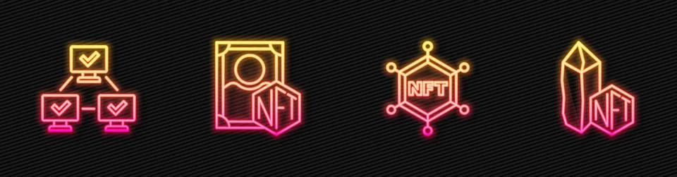 Set line NFT blockchain technology, Digital crypto art and . Glowing neon icon Illustrazione stock