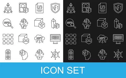 Set line NFT blockchain technology, Binary code, Digital crypto art, Search, and Stock Illustration