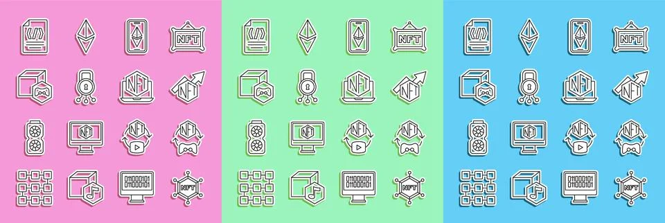 Set line NFT blockchain technology, Digital crypto art, growth bar chart Illustrazione stock