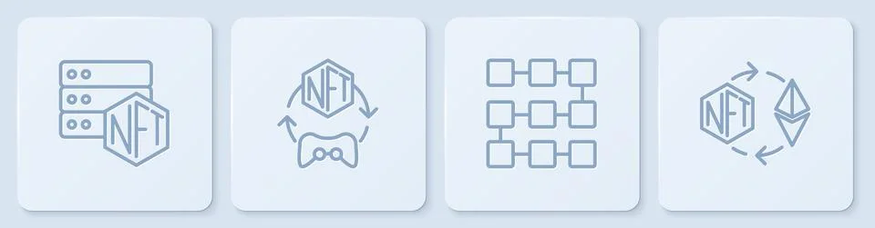 Set line NFT blockchain technology, Digital crypto art and Ethereum exchange Stock Illustration