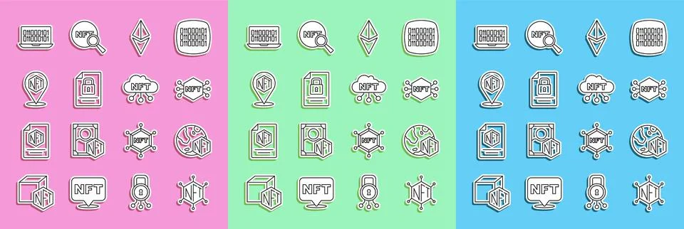 Set line NFT blockchain technology, Digital crypto art, Ethereum ETH, Document Stock Illustration