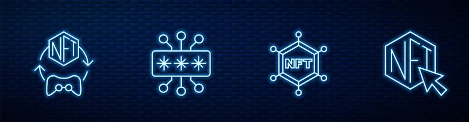Set line NFT blockchain technology, Digital crypto art, Cyber security and Ilustração Stock