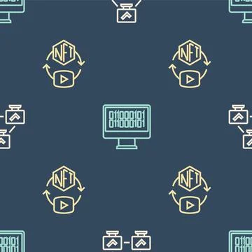 Set line NFT blockchain technology, Digital crypto art and Binary code on Illustrazione stock