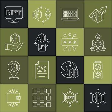 Set line NFT blockchain technology, Video graphic card, Digital crypto art Illustrazione stock