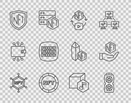 Set line NFT blockchain technology, Video graphic card, Digital crypto art Ilustração Stock