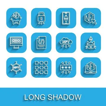 Set line NFT blockchain technology, Digital crypto art, Cyber security, Laptop Illustration