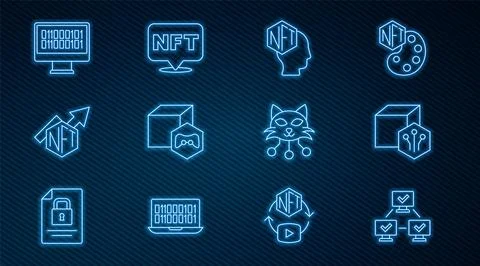 Set line NFT blockchain technology, Digital crypto art, growth bar chart, Binary Stock Illustration