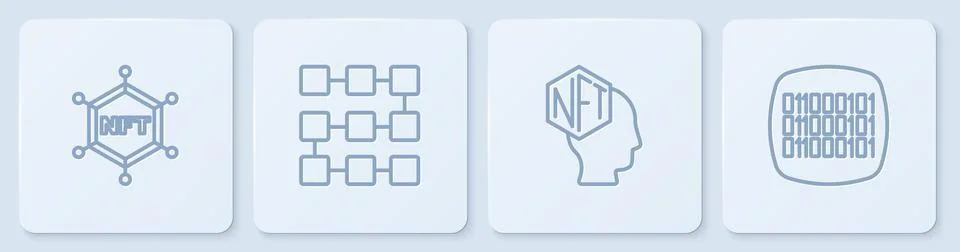 Set line NFT blockchain technology, Digital crypto art,  and Binary code. Whi Stock Illustration