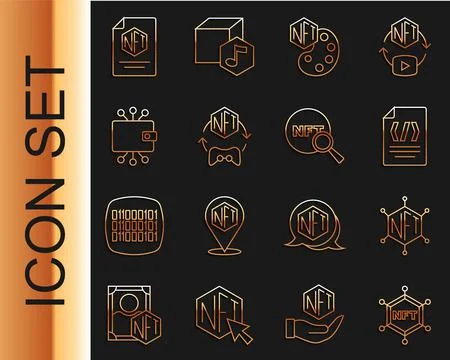 Set line NFT blockchain technology, Binary code, Digital crypto art, Cryptocu Stock Illustration