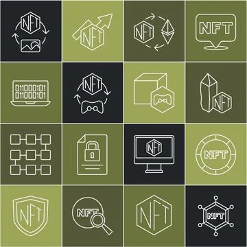 Set line NFT blockchain technology, Digital crypto art, Ethereum exchange, Bi 스톡 일러스트