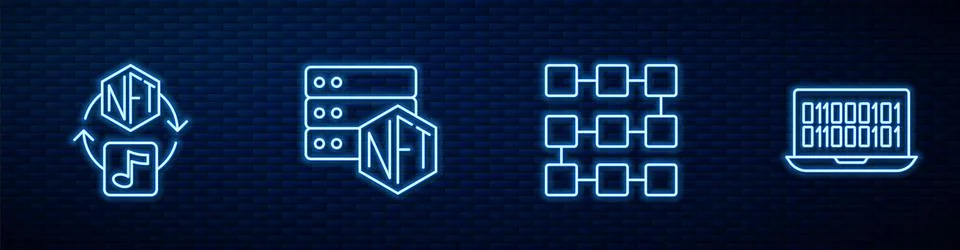 Set line NFT blockchain technology, Digital crypto art,  and Binary code. Glo Stock Illustration