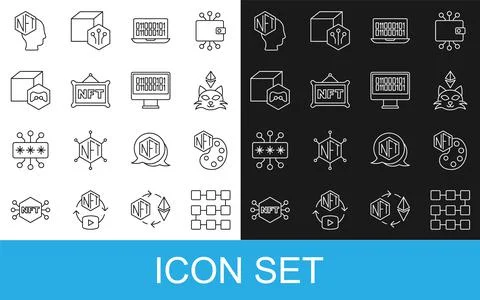 Set line NFT blockchain technology, Digital crypto art, Binary code,  and  ic Stock Illustration