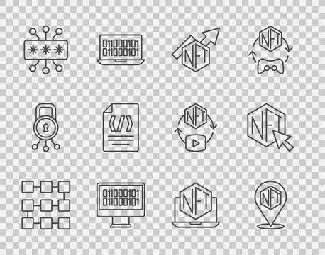 Set line NFT blockchain technology, Digital crypto art, growth bar chart, Binary Illustrazione stock