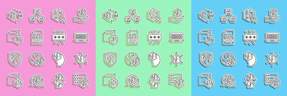 Set line NFT blockchain technology, Binary code, Digital crypto art, Ethereum Stock Illustration