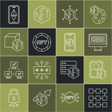 Set line NFT blockchain technology, Digital crypto art, Binary code, Ethereum Stock Illustration