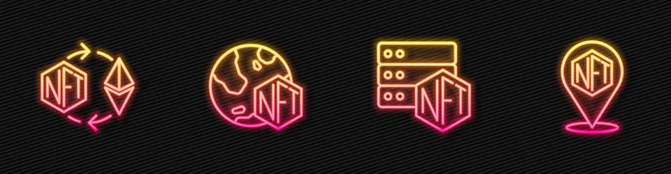 Set line NFT blockchain technology, Ethereum exchange, Digital crypto art and Stock Illustration