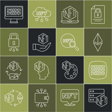 Set line NFT blockchain technology, Binary code, Ethereum ETH, Laptop with art Stock Illustration
