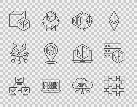 Set line NFT blockchain technology, Ethereum exchange, Binary code, Digital Stock Illustration