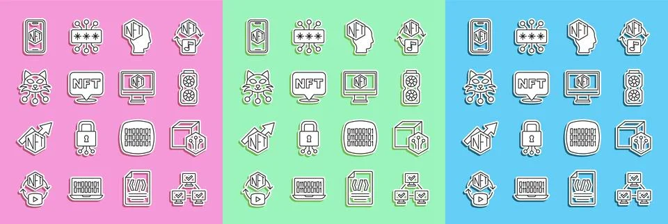 Set line NFT blockchain technology, Digital crypto art, Video graphic card Illustration