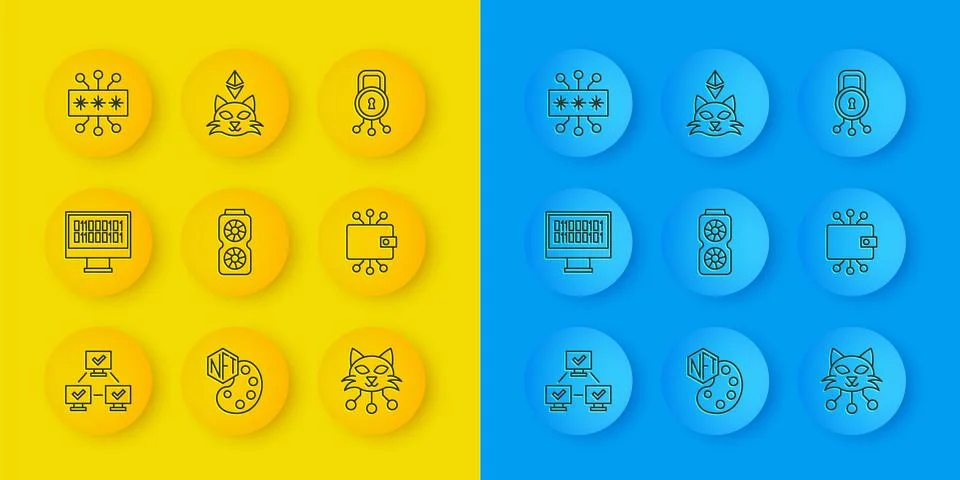 Set line NFT blockchain technology, Binary code, Video graphic card, Digital Stock Illustration