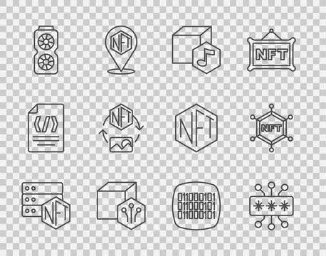Set line NFT blockchain technology, Cyber security, Digital crypto art, Vid.. Illustration