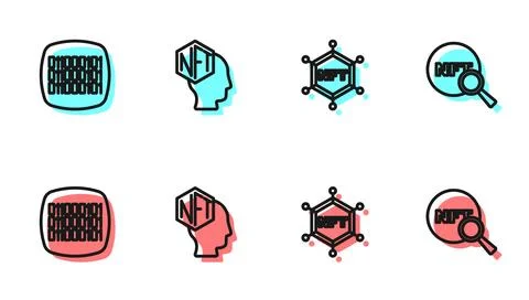 Set line NFT blockchain technology, Binary code, Digital crypto art and Sea.. Stock Illustration