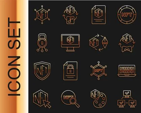 Set line NFT blockchain technology Binary code Digital crypto art contract Mo 스톡 일러스트
