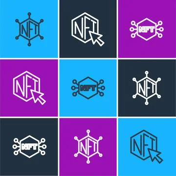 Set line NFT blockchain technology, Digital crypto art and icon. Vector Stock Illustration