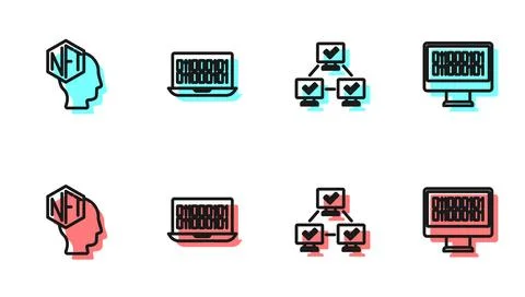 Set line NFT blockchain technology Digital crypto art Binary code and icon. V Stock Illustration