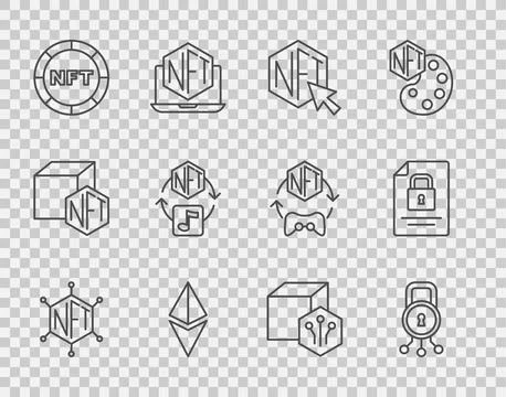 Set line NFT blockchain technology, Cyber security, Digital crypto art, Eth.. Ilustración de archivo