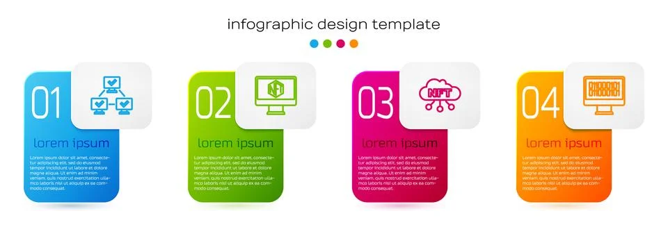 Set line NFT blockchain technology, Monitor with art store app, cloud and B.. Stock Illustration