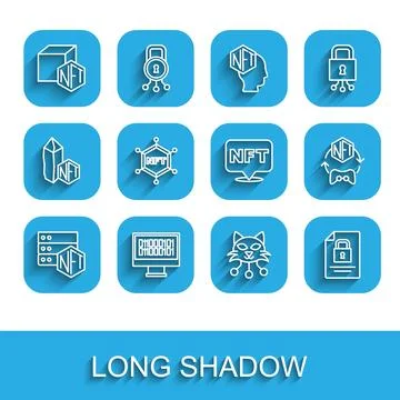 Set line NFT blockchain technology, Binary code, Digital crypto art, Docume.. Stock Illustration