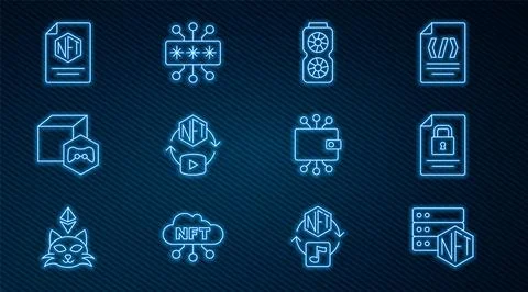 Set line NFT blockchain technology, Document and, Video graphic card, Digit.. Stock Illustration