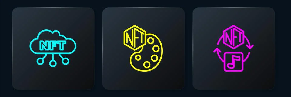 Set line NFT cloud, Digital crypto art and . Black square button. Vector Stock Illustration