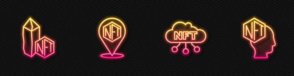Set line NFT cloud, Digital crypto art, and . Glowing neon icon. Vector Stock Illustration
