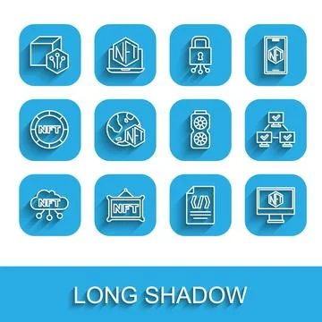 Set line NFT cloud, Digital crypto art, Binary code, Monitor with store app.. Stock Illustration