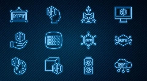 Set line NFT cloud, Digital crypto art, Binary code, blockchain technology .. Stock Illustration