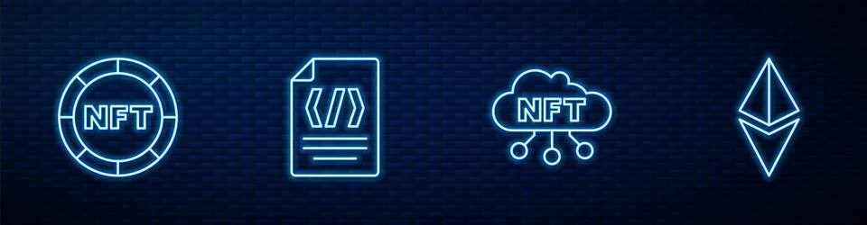 Set line NFT cloud, Digital crypto art, Binary code and Ethereum ETH. Glowi.. Stock Illustration