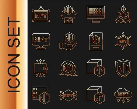 Set line NFT cloud, shield, blockchain technology, Binary code, Digital crypto Stock Illustration