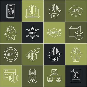 Set line NFT contract, Digital crypto art, blockchain technology, Mobile with Illustrazione stock