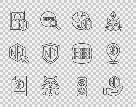 Set line NFT contract, Digital crypto art, shield, Video graphic card and  .. Illustrazione stock
