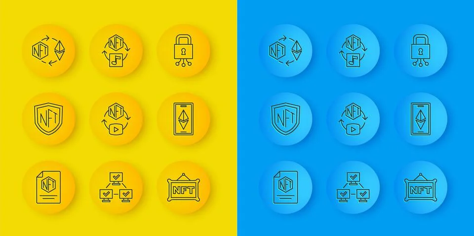 Set line NFT contract, shield, Digital crypto art, Ethereum ETH, exchange, Cyber Stock Illustration