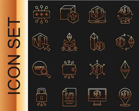 Set line NFT Digital crypto art, Ethereum ETH, exchange, Laptop with store app Stock Illustration