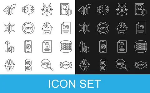 Set line NFT Digital crypto art, Binary code, blockchain technology, growth bar Stock Illustration