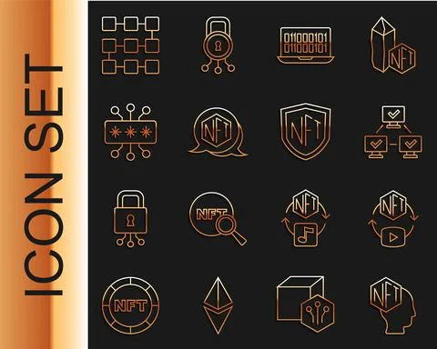 Set line NFT Digital crypto art, blockchain technology, Binary code, Cyber Stock Illustration